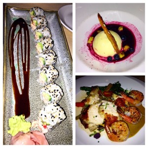 lobster sushi roll, grilled chicken and shrimp, berry semifreddo