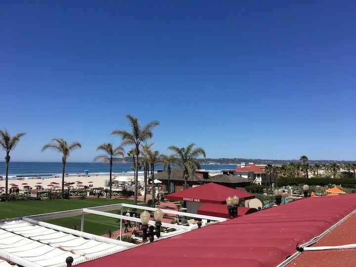 View of palm trees and beach from room at Hotel Del Coronado