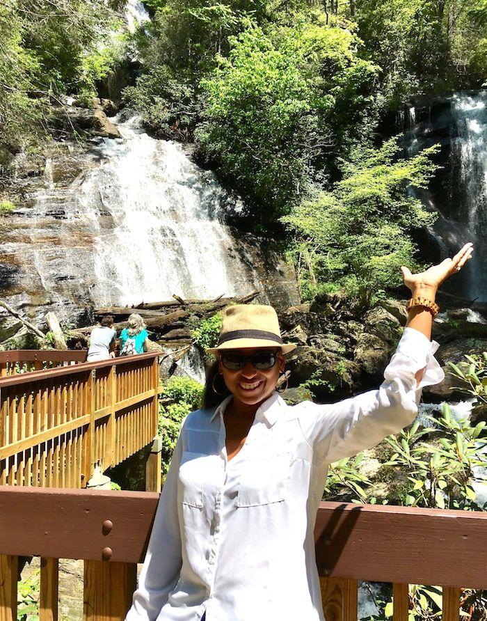 a woman on the viewing platform at Anna Ruby Falls