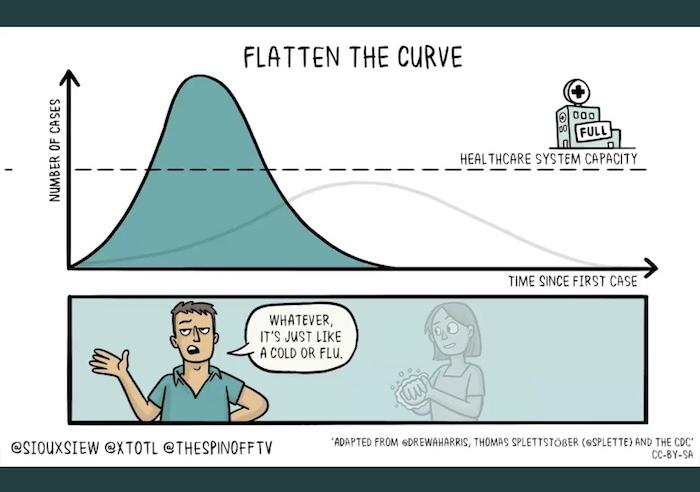 flatten the curve comic showing coronavirus cases overwhelming healthcare system capacity