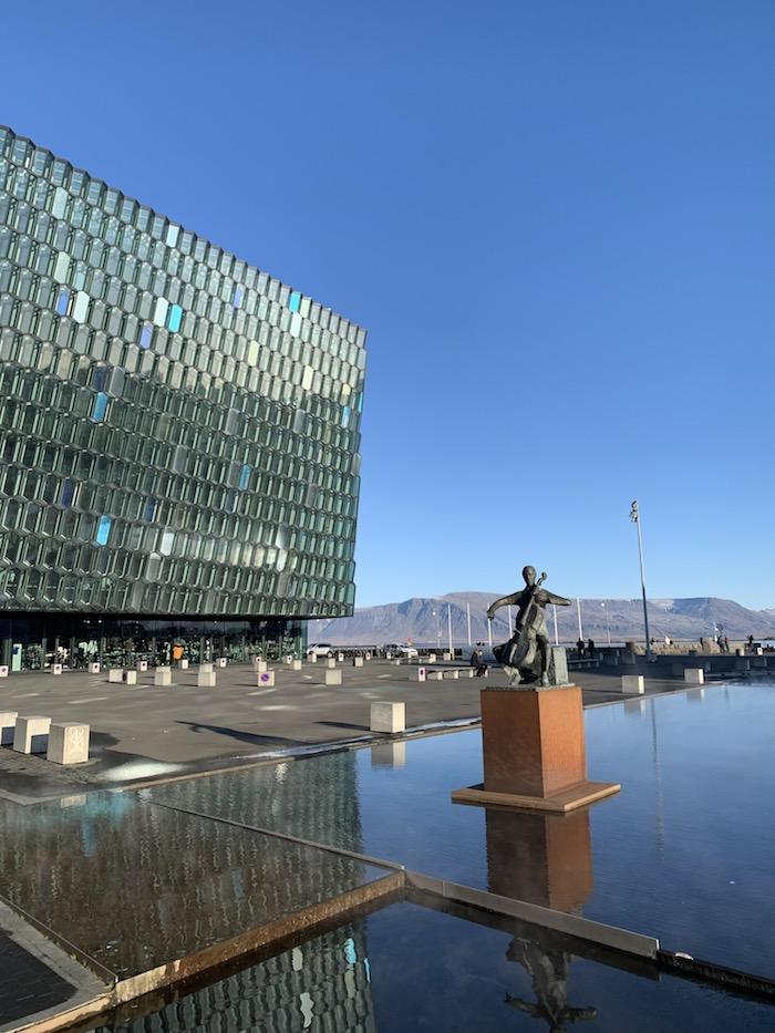 a statue at Harpa Music Hall